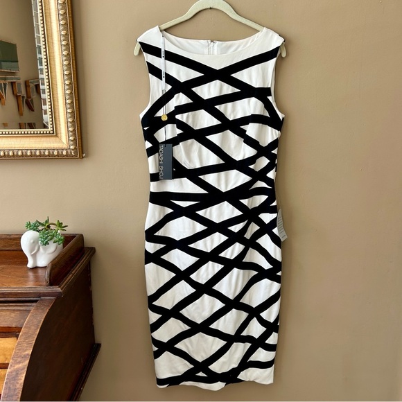 Tadashi Shoji Black and White Geometric Ribbon Cocktail Sheath Dress Size L NWT